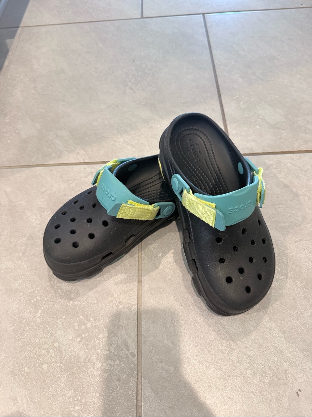 CROCS women Clog in Black with Teal and Yellow Straps
